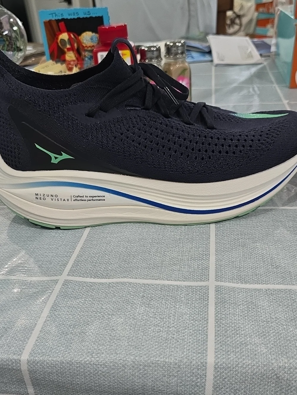 Mizuno Men's Neo Vista II Black Knit Sneakers with Blue and Mint Logo Accents